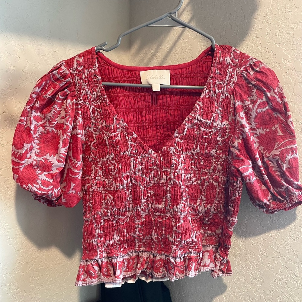 Cleobella Red and White Puff Sleeve Crop Blouse